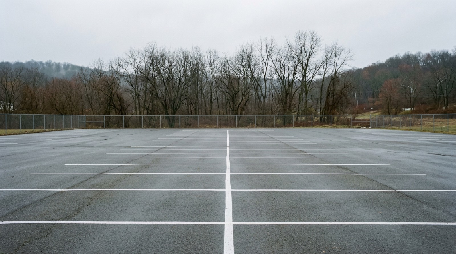 Empty white-lined parking rows on wet asphalt under a flat gray sky, photographed square on, with a low fence and bare trees along the far edge